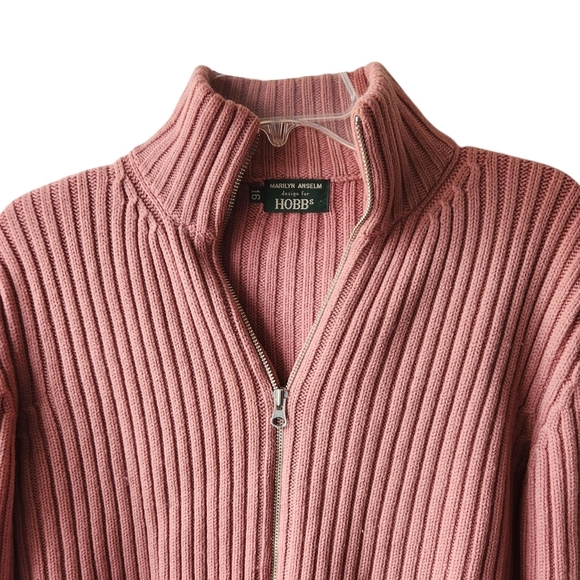 Vintage Merino Wool Cardigan Women L Dusty Rose Full Zip Mock Neck Ribbed Knit - Picture 2 of 10